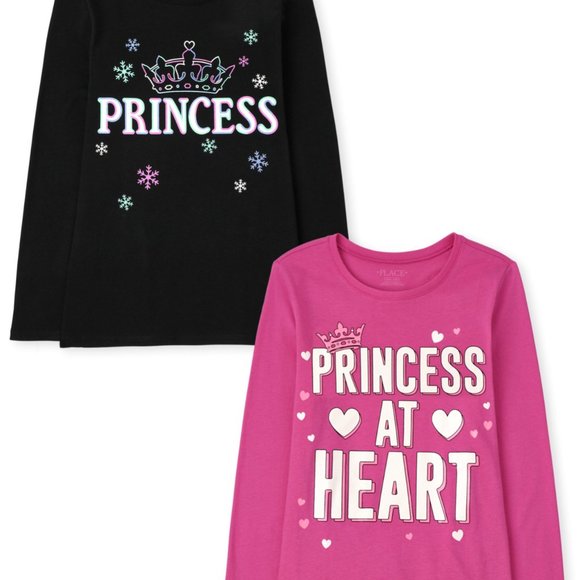 The Childrens Place Girls PRINCESS Graphic Tee-2 pack- Small (5/6) Long Sleeve - Picture 1 of 6